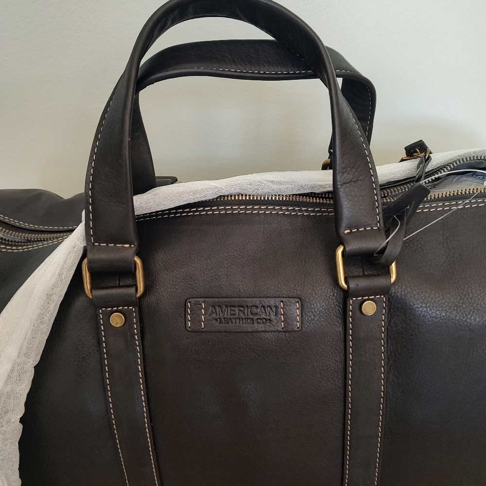 American Leather Co. Arlington Weekender Zip Shoulder Bag Black Smooth NWT - Picture 3 of 11